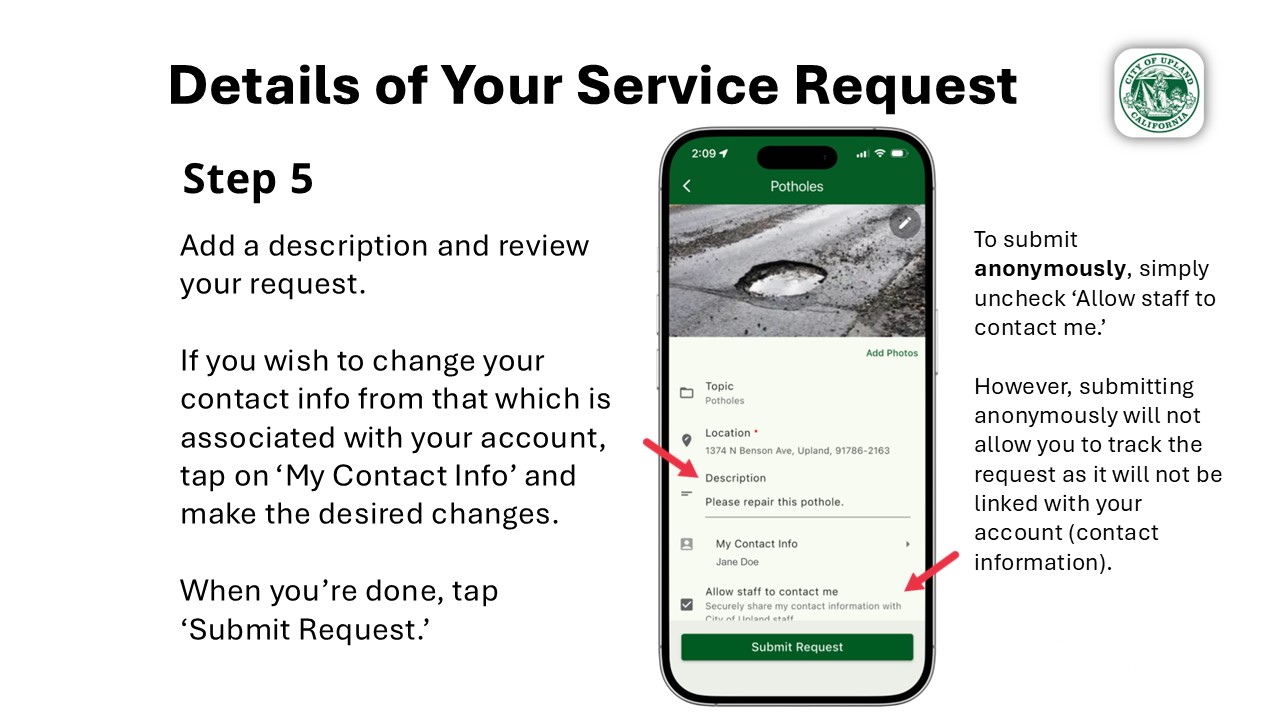Instructions for reviewing and submitting a service request, including adding a description and choosing to remain anonymous